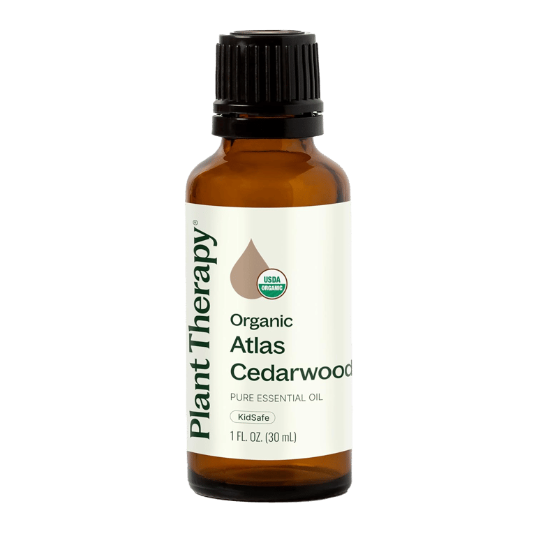 Plant Therapy Organic Atlas Cedarwood essential oil bottle with USDA Organic label
