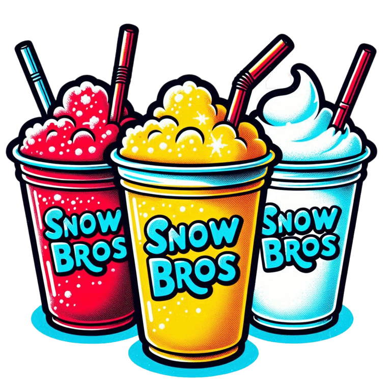 In a row, two slushies and a milkshake with business name "Snow Bros".