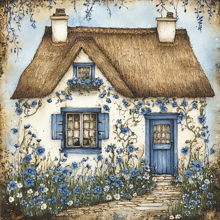 A house with a thatched roof and blue shutters