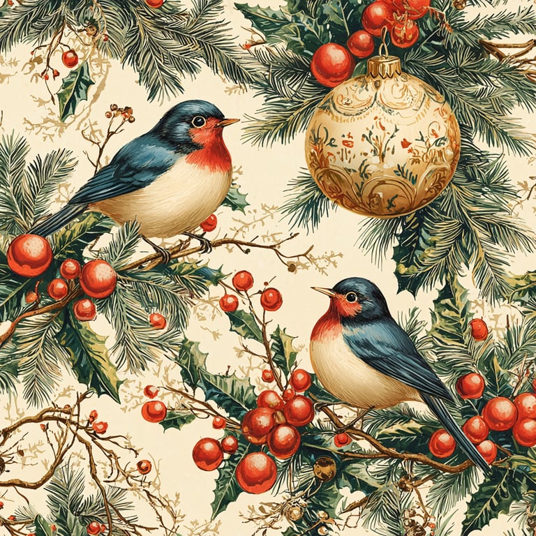 two birds on a christmas tree with holly berries