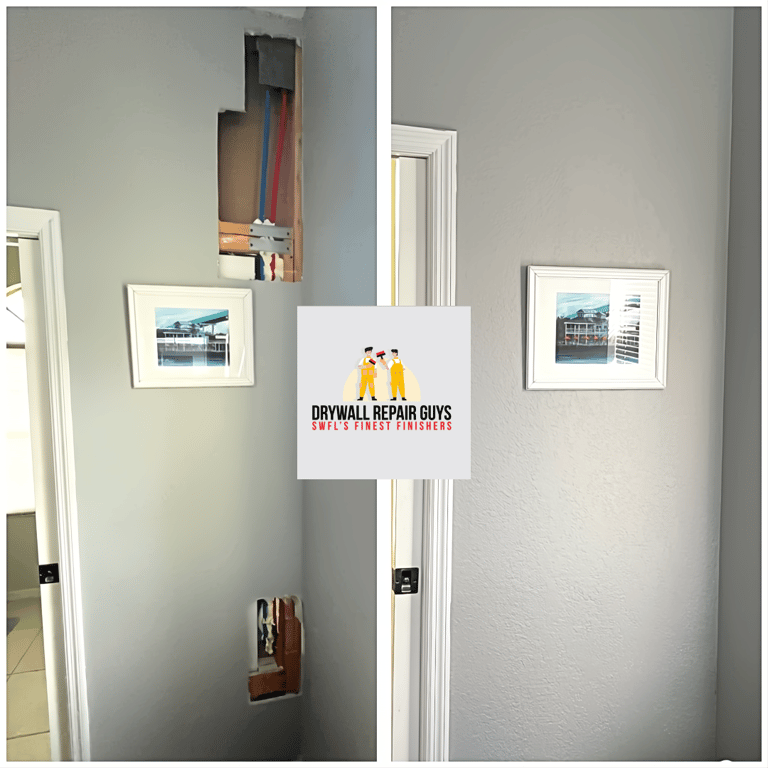 Before & After image of a wall repair after plumbing leak