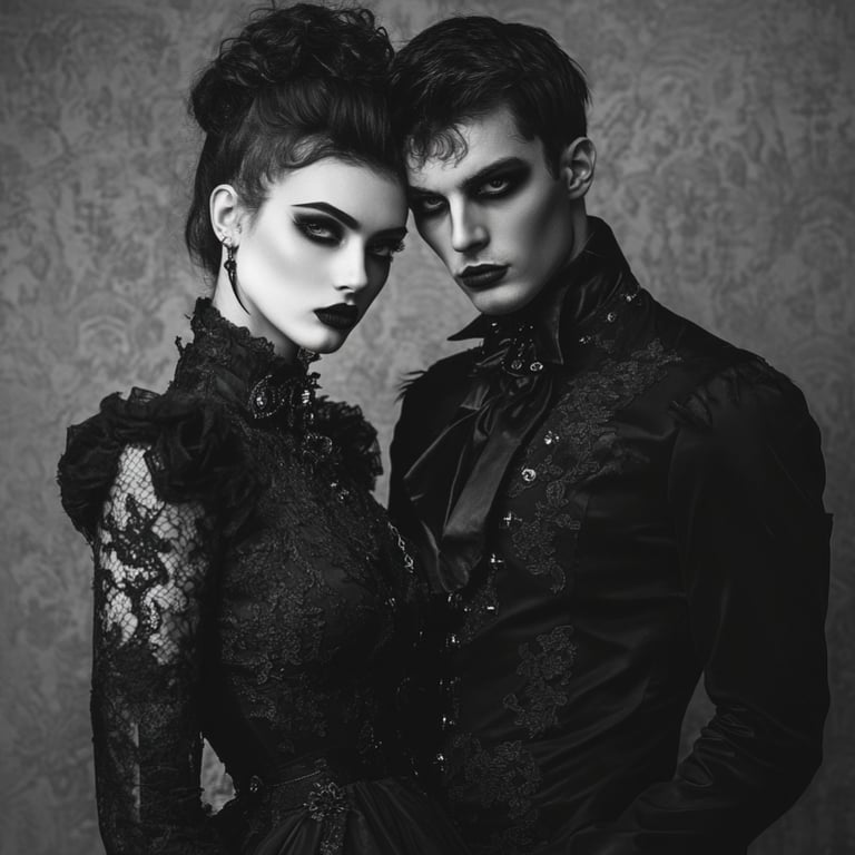 Dark Gothic Romance. Goth Couple: Guy and Girl. Dramatic Black Victorian Vibe