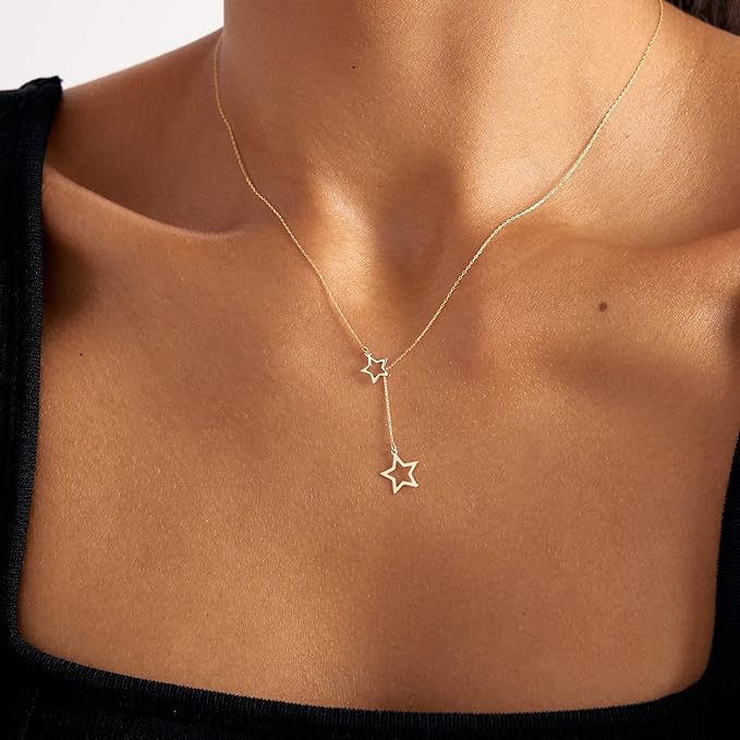 Star Pendant Y Necklace in 14k Solid Gold Lariat Necklaces for Women