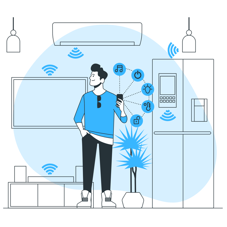 a man holding a mobile phone connecting to wireless devices in his smart home