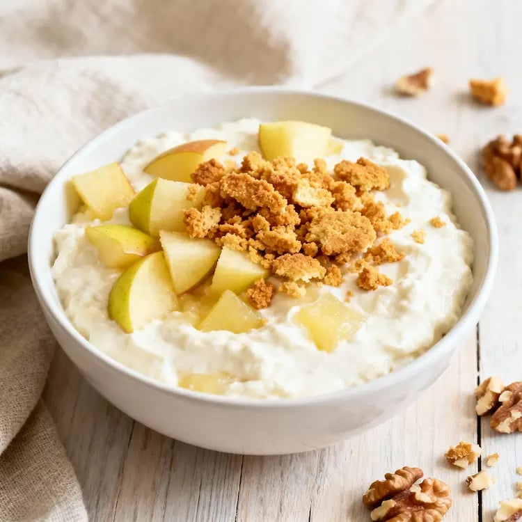 Apfelmus-Quark in einer Schale, mit Keks-Streuseln bestreut.