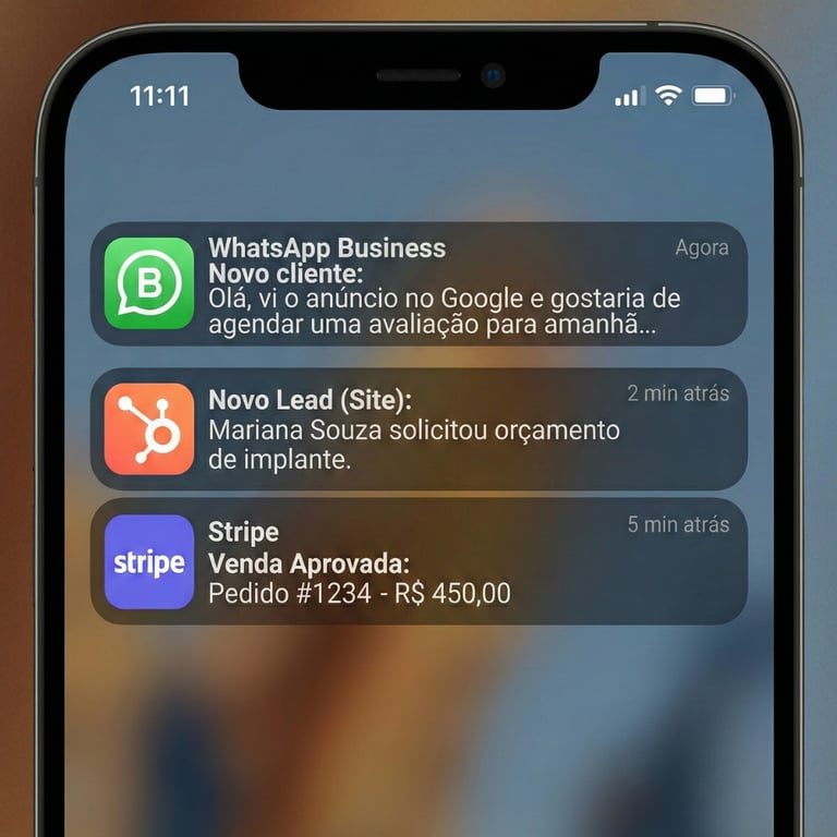 Notificações de vendas e leads qualificados no celular gerados por marketing digital.