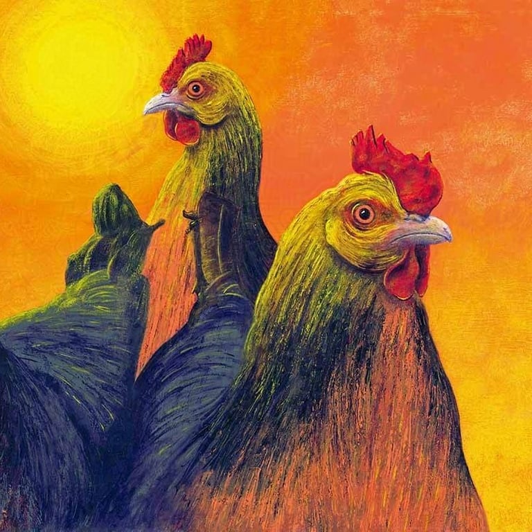 Painting showcasing three chickens standing in front of a sunset