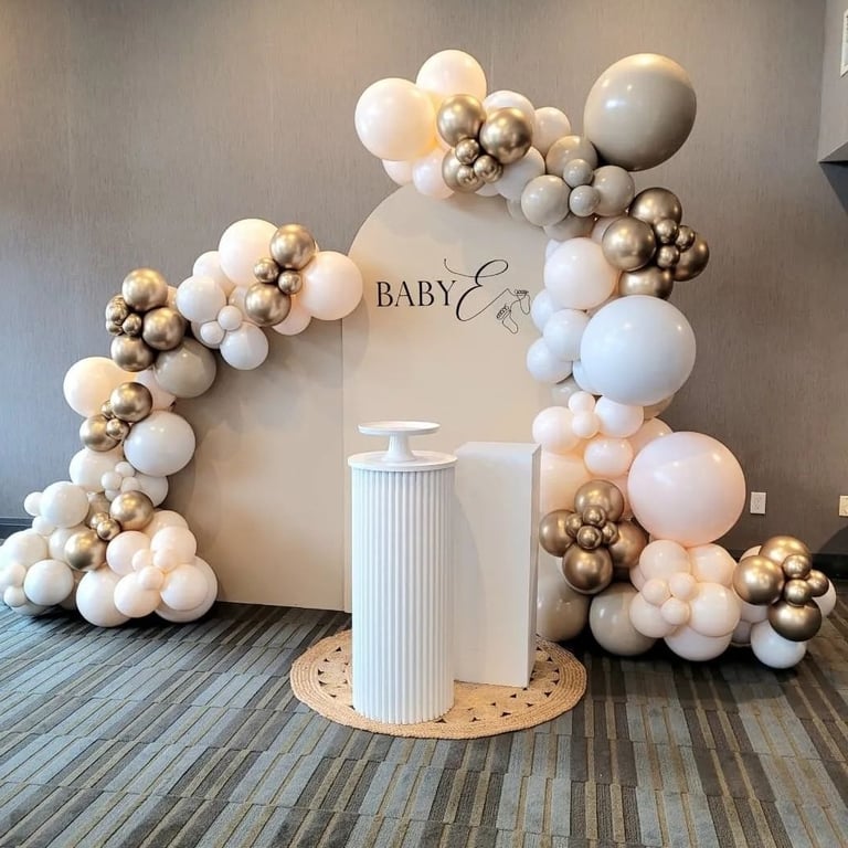 Baby shower balloon backdrop with two panels and plinths 