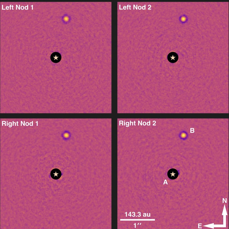 4-panel figure showing a directly imaged brown dwarf companion as observed by the Large Binocular Telescope.