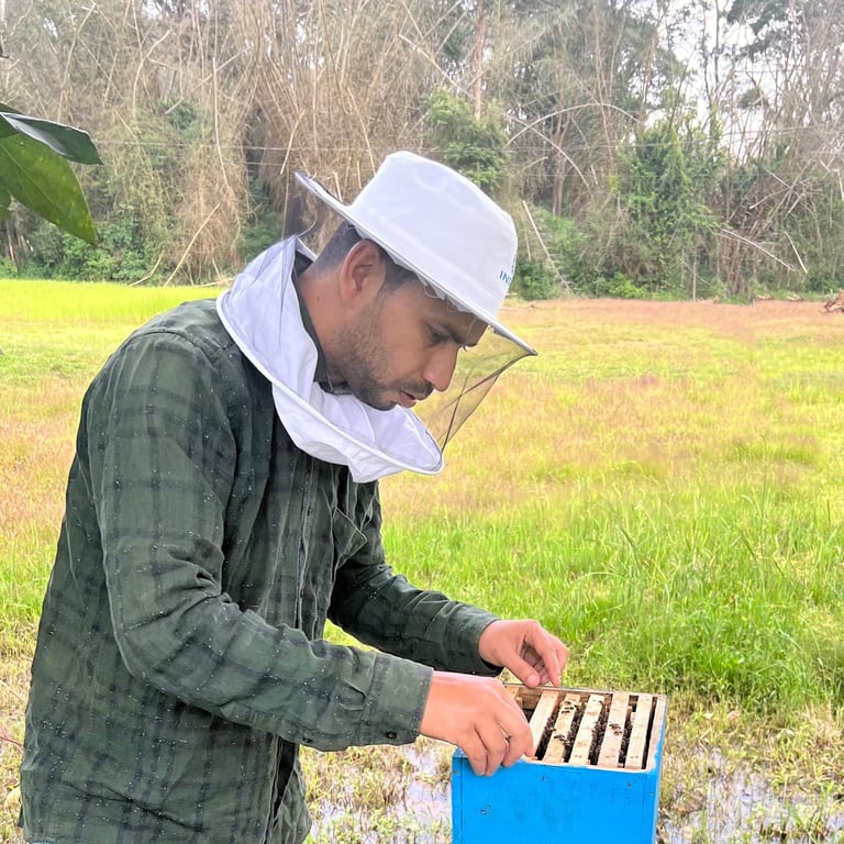 a nilgiris beekeeper in a field with a beehive ,forest background yellow, greens background harvest