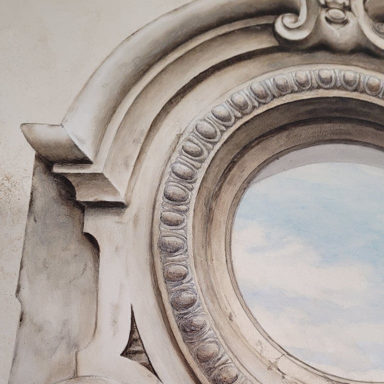 Détails d'une peinture décorative en trompe-l'oeil, un oeil de boeuf peint.