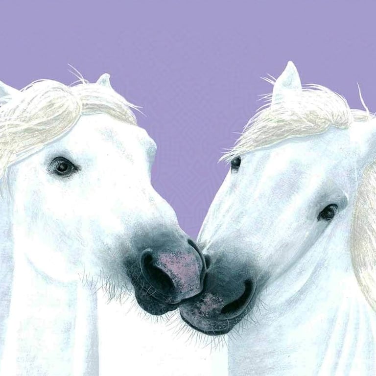 Acrylic painting of two white horses