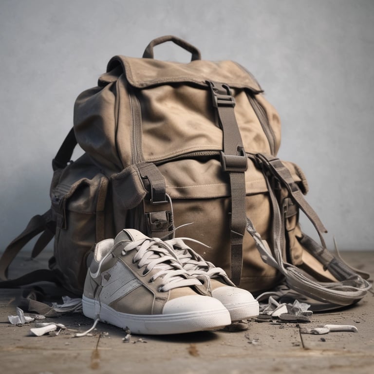 A rooftop workspace where three individuals are engaged in construction or renovation activities. One person is on a ladder working on a wall or chimney, another is standing and holding a black panel, and a third person is bent over handling tools or equipment. Nearby are various construction materials, tools like a leaf blower, a propane tank, and some ductwork. The surrounding environment includes brick walls and a view of trees and buildings in the background.