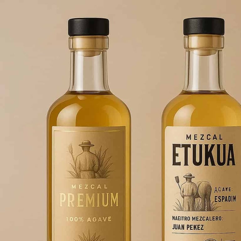 Dos botellas de mezcal side-by-side: una con empaque lujoso pero etiqueta vaga, otra con diseño simp