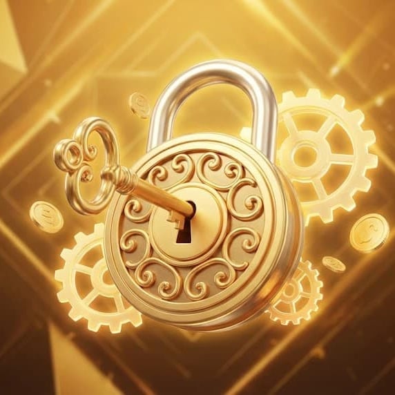 "3D ilustracija zlatnog katanca i ključa sa novčićima za Gold escape room paket."