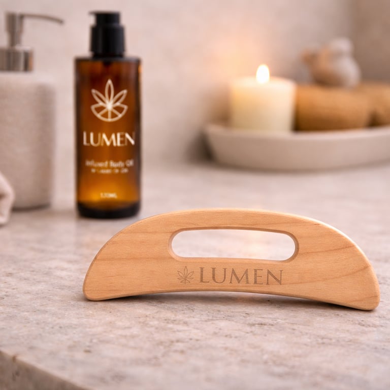 Wooden gua sha massage tool and Lumen infused body oil on a marble spa counter with a candle.