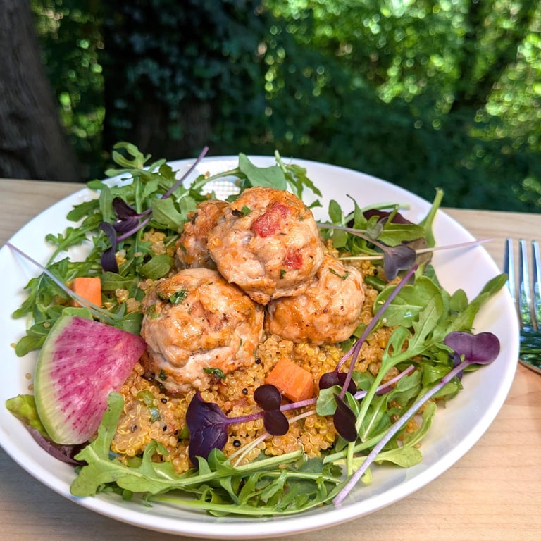 Personal chef meal: Herbed Quinoa & Microgreens Salad with Creole-Spiced turkey meatballs healthy