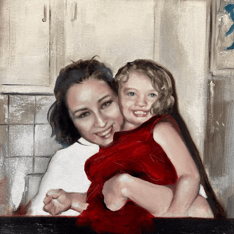 Portrait of mother and daughter. Mother wears a white tshirt and young daughter wears a red dress
