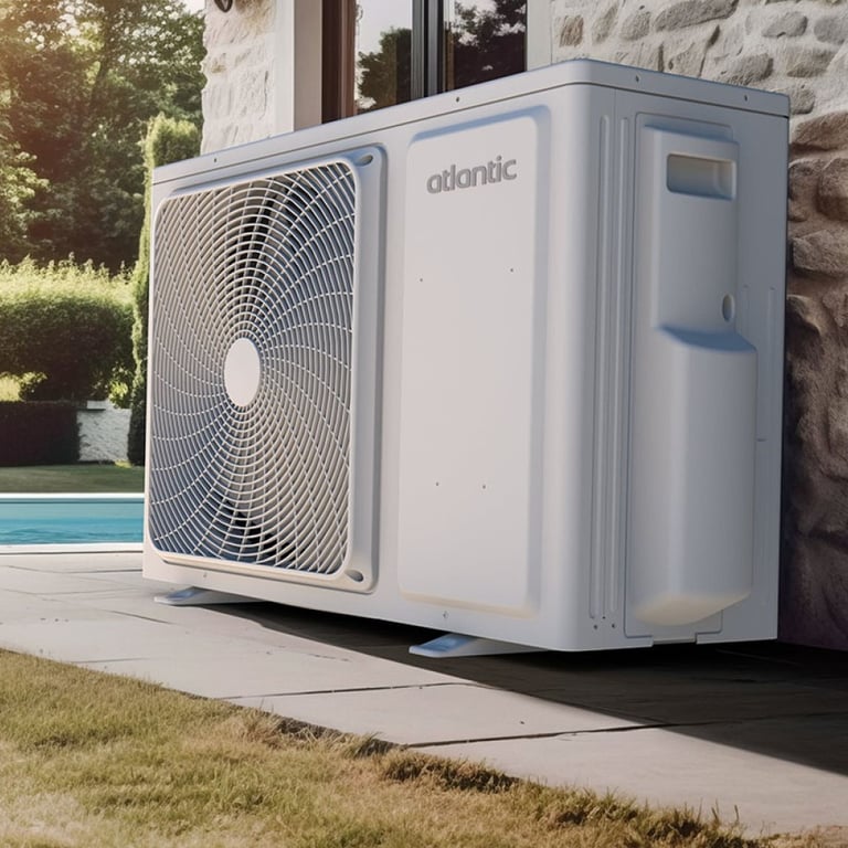 unité extérieure à côté de piscine avec gazon, haie et arbre