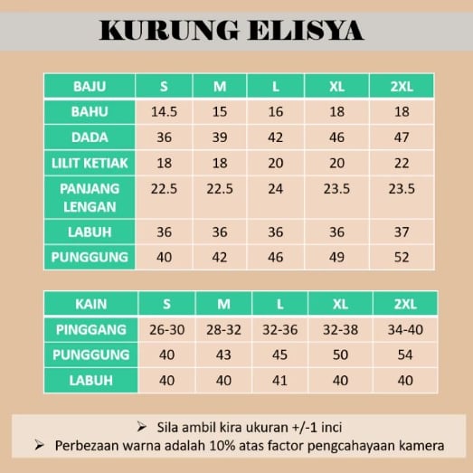 Ukuran Baju Jurung Elisya