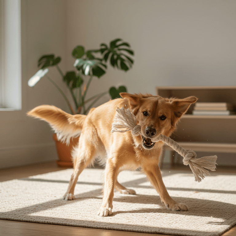 Dog playing with organic cotton toy