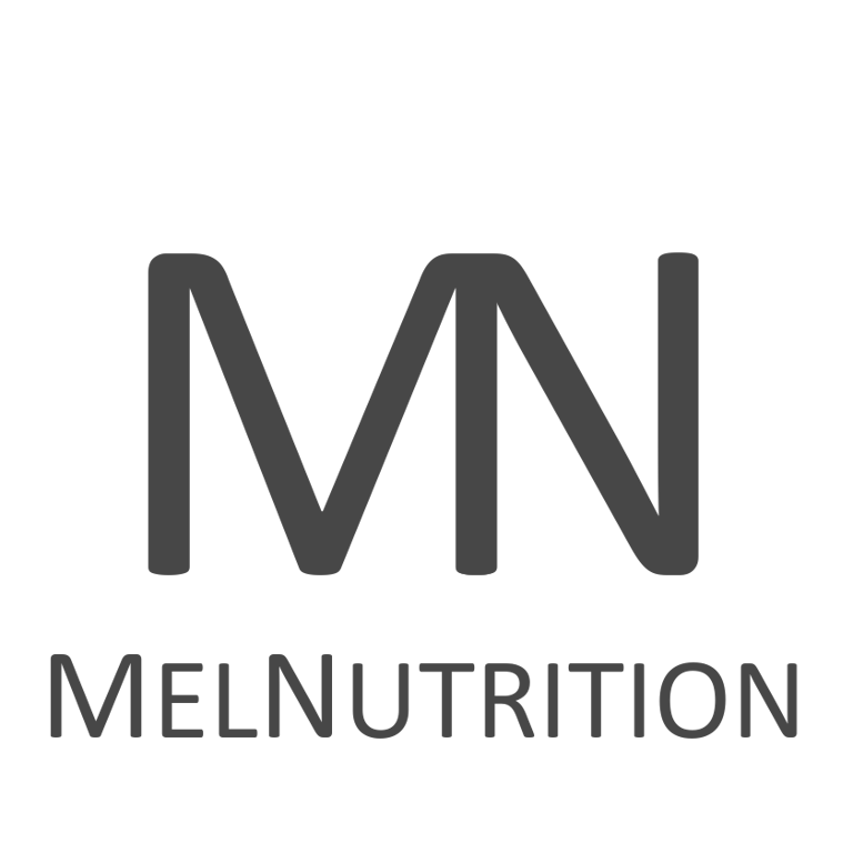 MelNutrition minimalist brand logo with a grey MN monogram on a black background.
