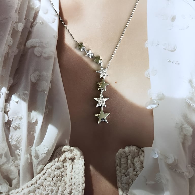 Affordable Star Y Necklace for Girlfriend, Rhodium Plated. Cubic Zirconia (CZ)