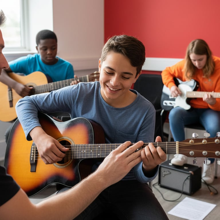 a teens playing guitar in a room