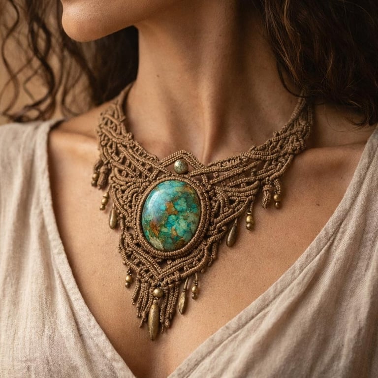 Collar bohemio de macramé hecho a mano con un colgante de piedra turquesa de gran tamaño y detalles 