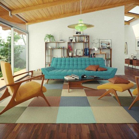 salon vintage dans le style des années 50/60 avec des couleurs vives et de la moquette à carreaux