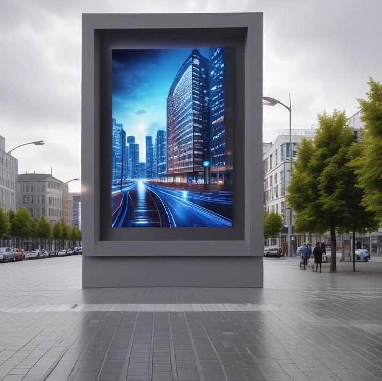 a large screen tv screen displaying a cityscapeople