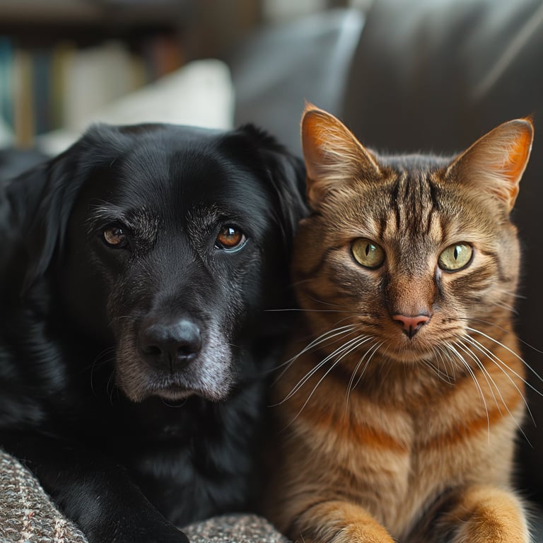 a cat and a dog are sitting on a couch