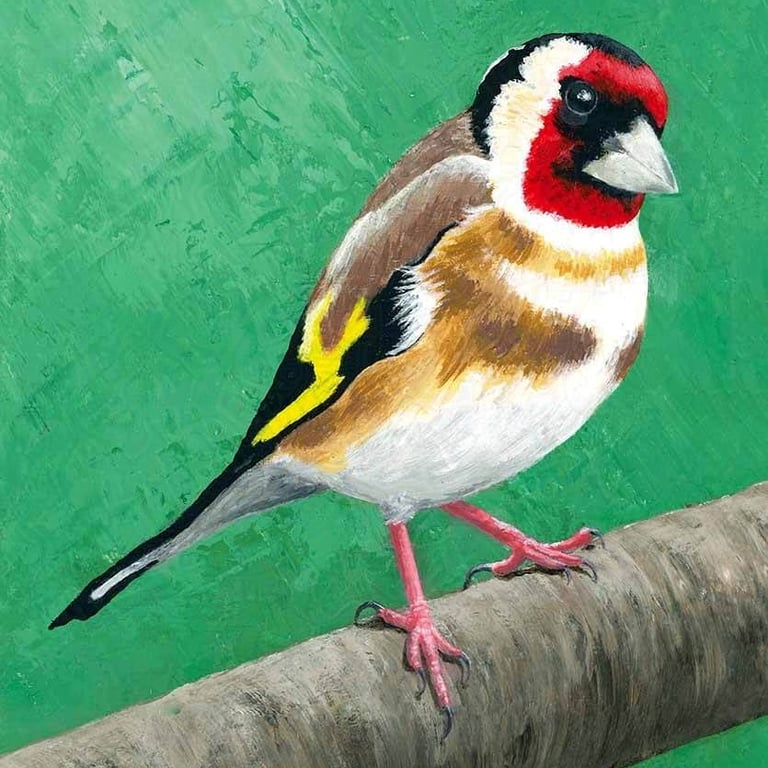 Painting of a delightful goldfinch perching on a tree branch