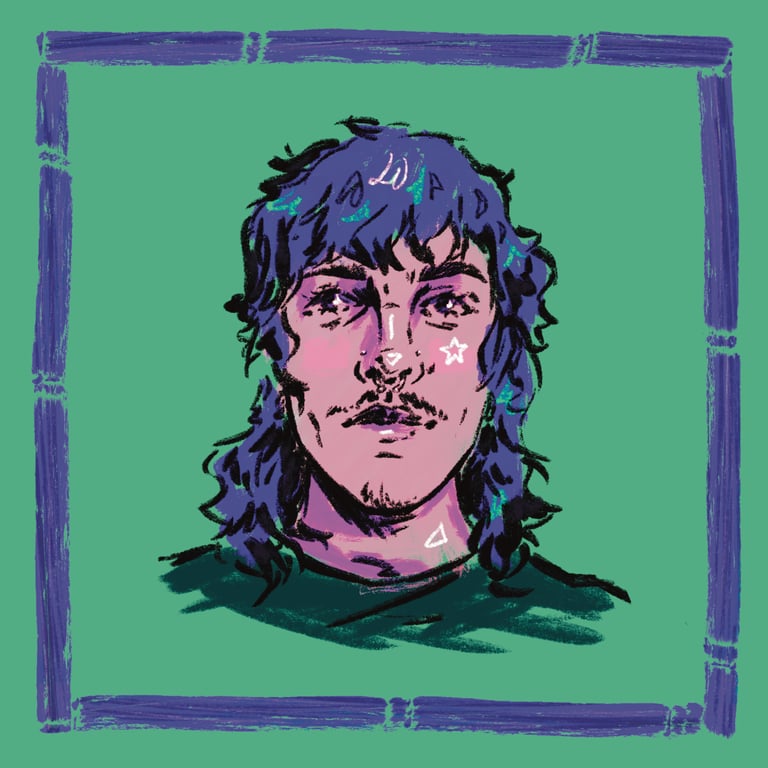 An illustration of an androgynous person with shoulder-length curly hair, a moustache, nose piercings and a septum ring.