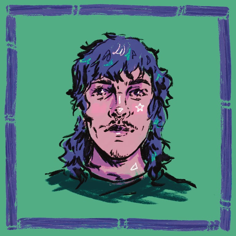 An illustration of an androgynous person with shoulder-length curly hair, a moustache, nose piercings and a septum ring. 