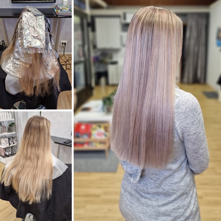 Pitkien hiusten raidoitus + sävytys. Kampaamo Studio naava Raisiossa