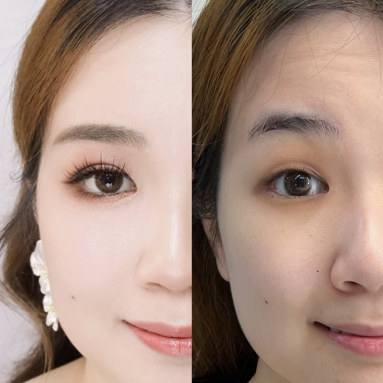 香港新娘化妝的前後對比圖,主要在於眼型調整以及眉形設計
