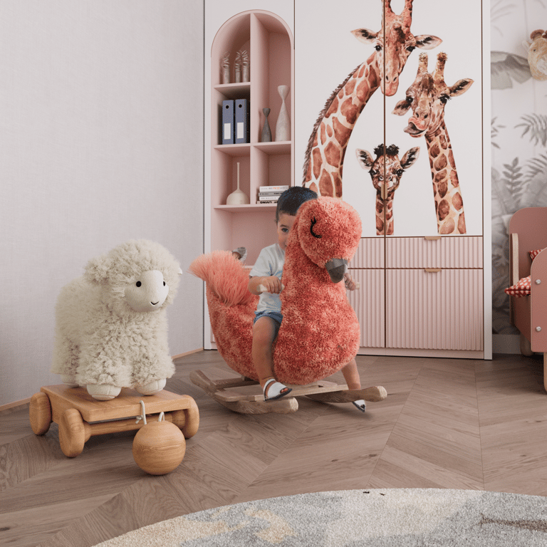 a child's room with a stuffed animal