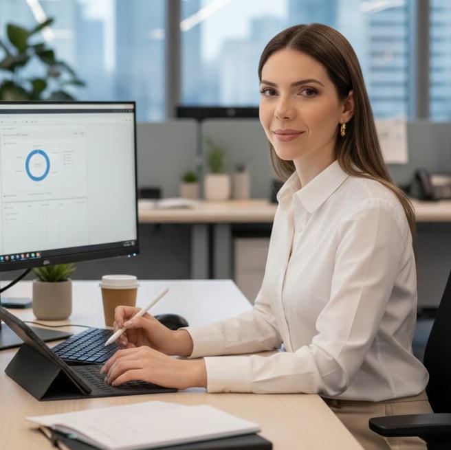 Mariane Amorim, Founder of My Expert Recruiter, working at her desk in a modern office environment.