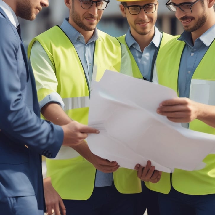 three men in safety vests standing in front of a building