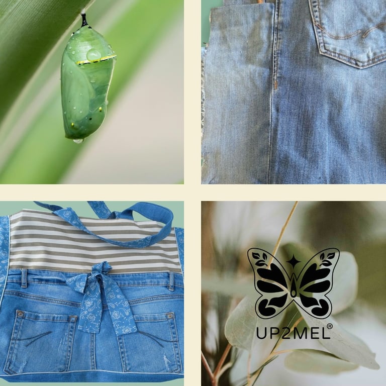 Métamorphose créative : du jean déchiré au sac upcyclé, symbole papillon UP2MEL