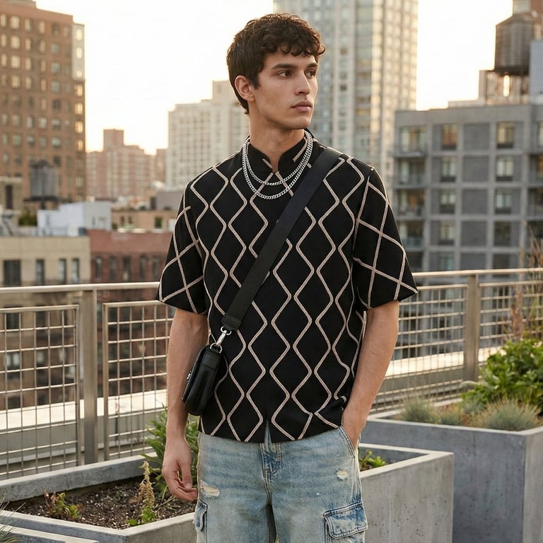 a man standing on a roof top with a black shirt and jeans