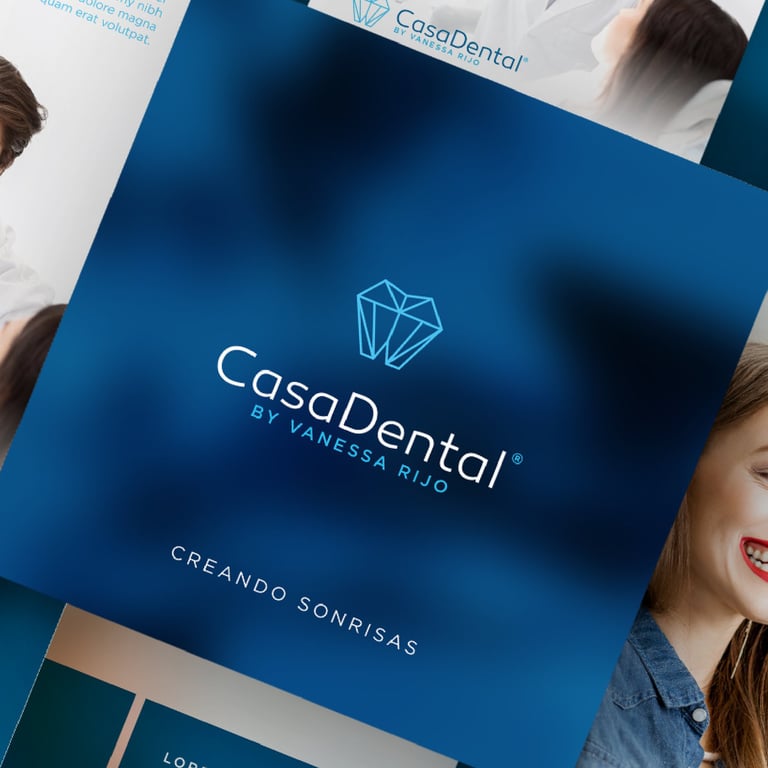 a variety of dental care products displayed on a blue background dental brand