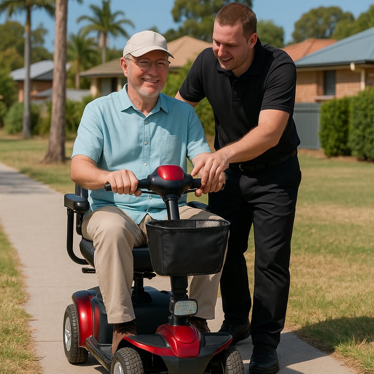 Friendly staff member providing scooter support for a customer outside their home