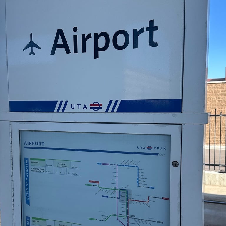 UTA Trax Airport Station sign and system map