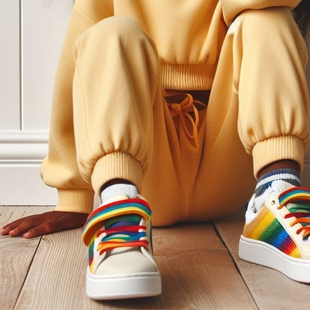 a young girl with a rainbow - yellow joggers made using PDF sewing patterns from LilRockyWear
