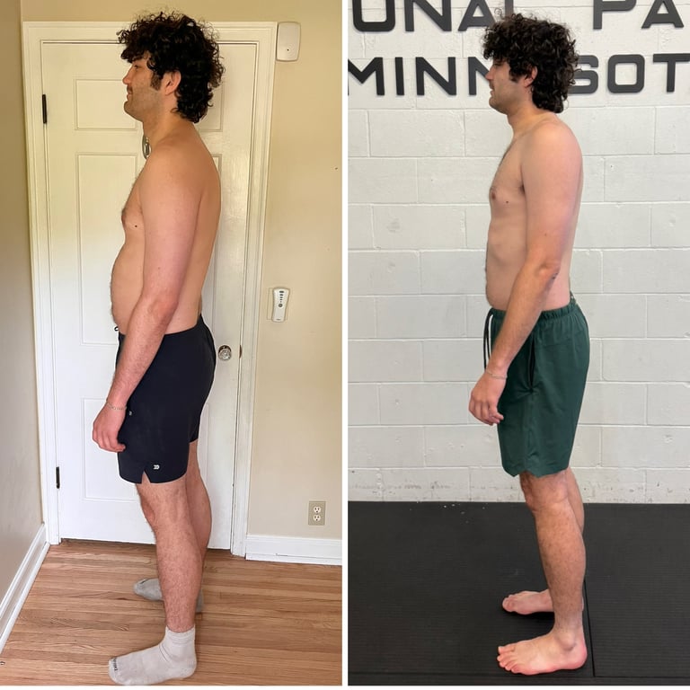 man with improved posture, more muscle, less fat in after vs before training