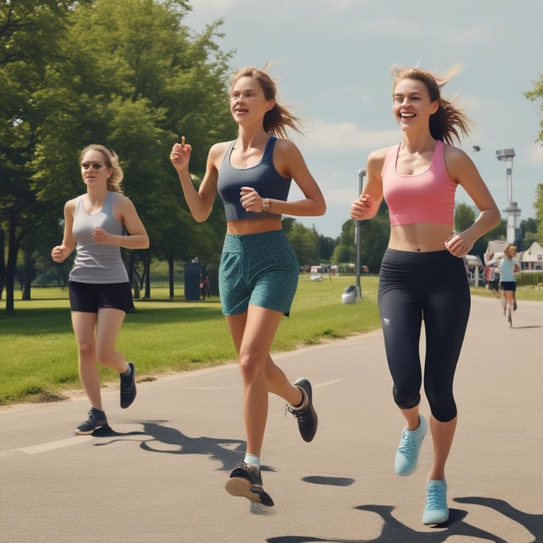 two women running in a park with trees and grass