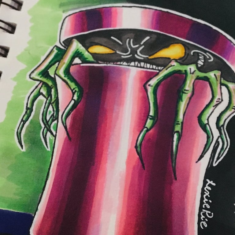a marker drawing of a green trashcan goblin in pink trashcan.