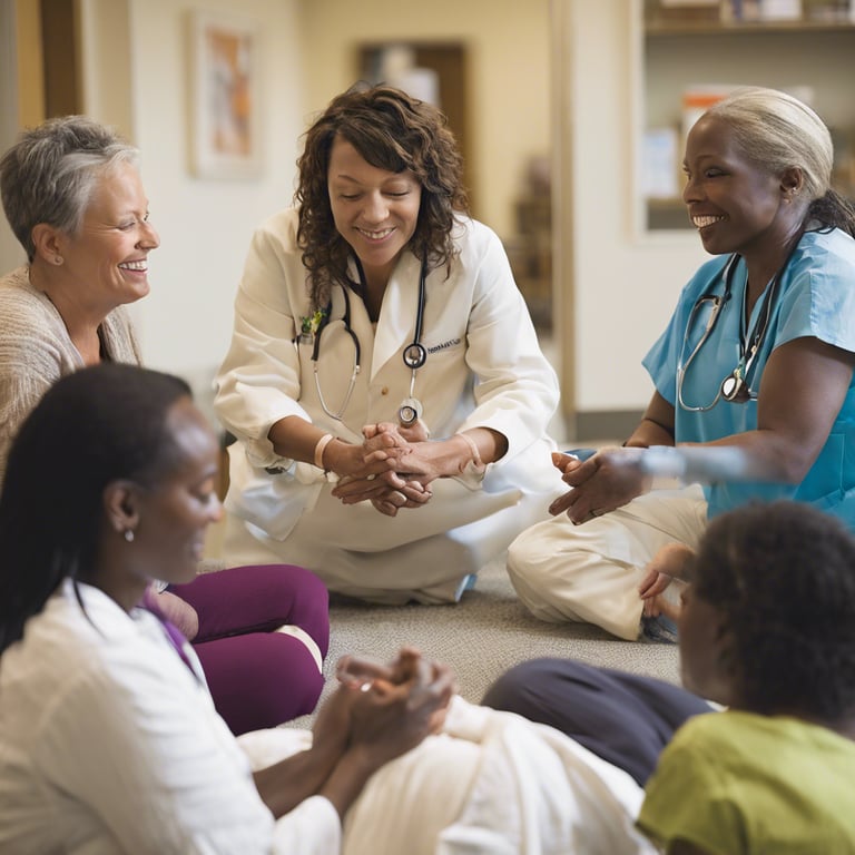 a group of medical providers sitting on the floor in a circle
